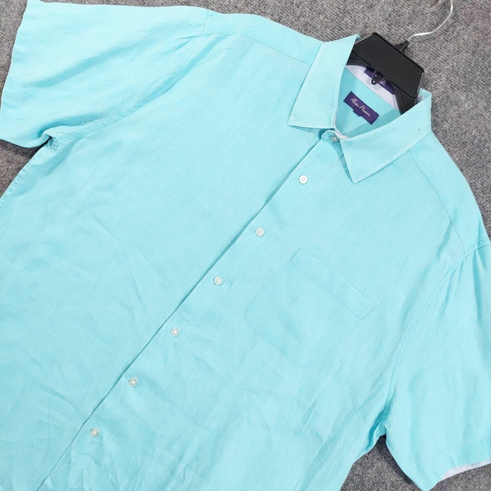 Alan Flusser Shirt Mens XL Blue Solid Short Sleeve Button Up Casual Linen
